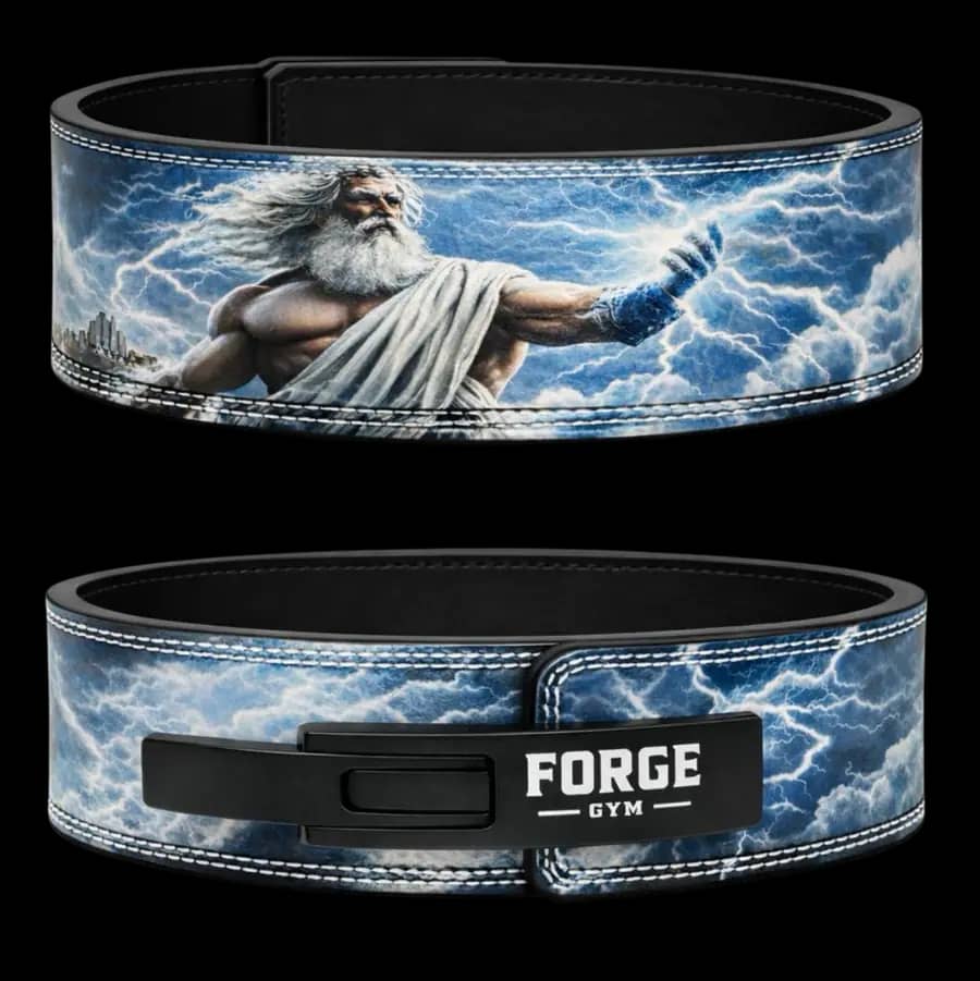 FORGE Zeus lever belt with 10mm thickness, 4-inch width, double stitching, durable buckle, and core support. View 1